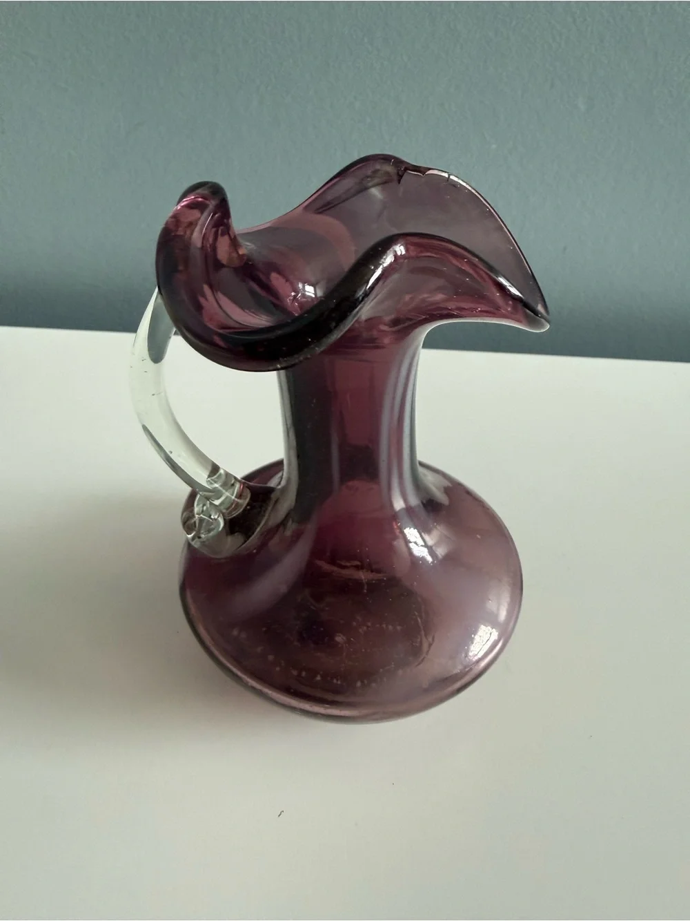 Fenton 1970’s Hand Blown Amethyst Purple  Small Pitcher w/Ruffled Edges